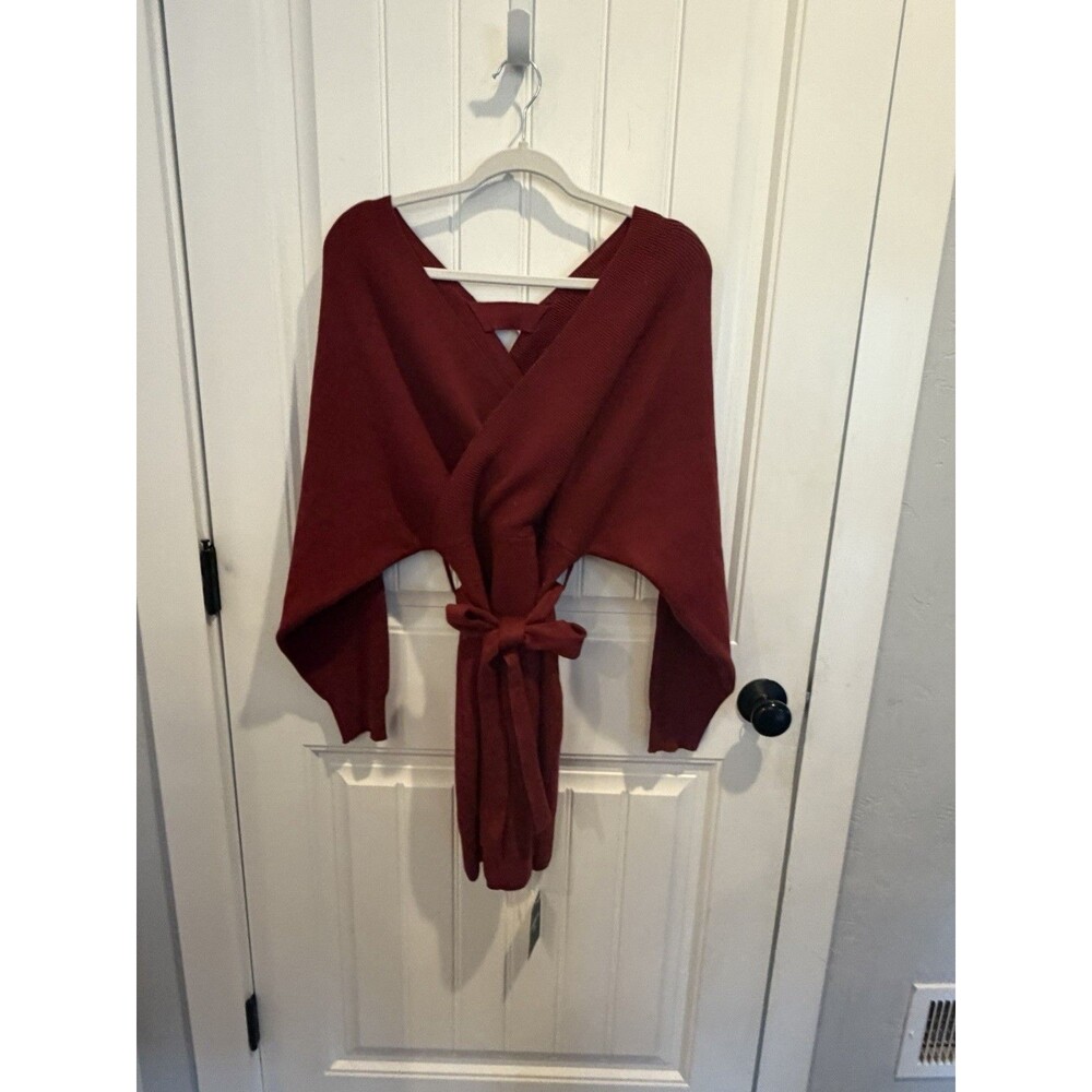 Halara Women’s Burgundy Wrap Sweater Tie Waist V-Neck Dolman Sleeve NWT